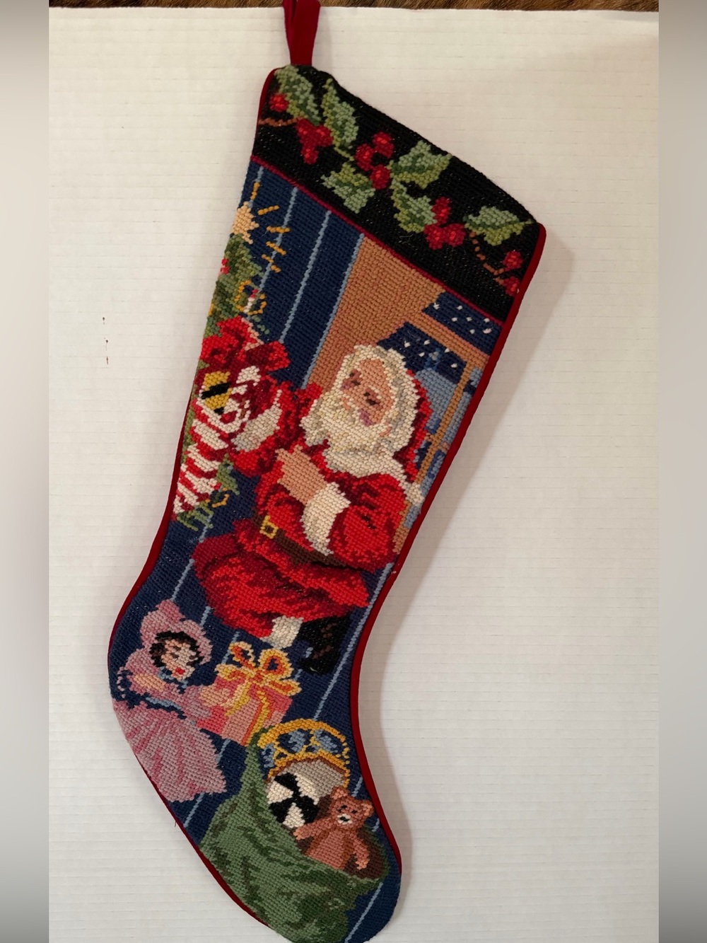 Vintage Needlepoint Santa Christmas Stocking - Red Trim